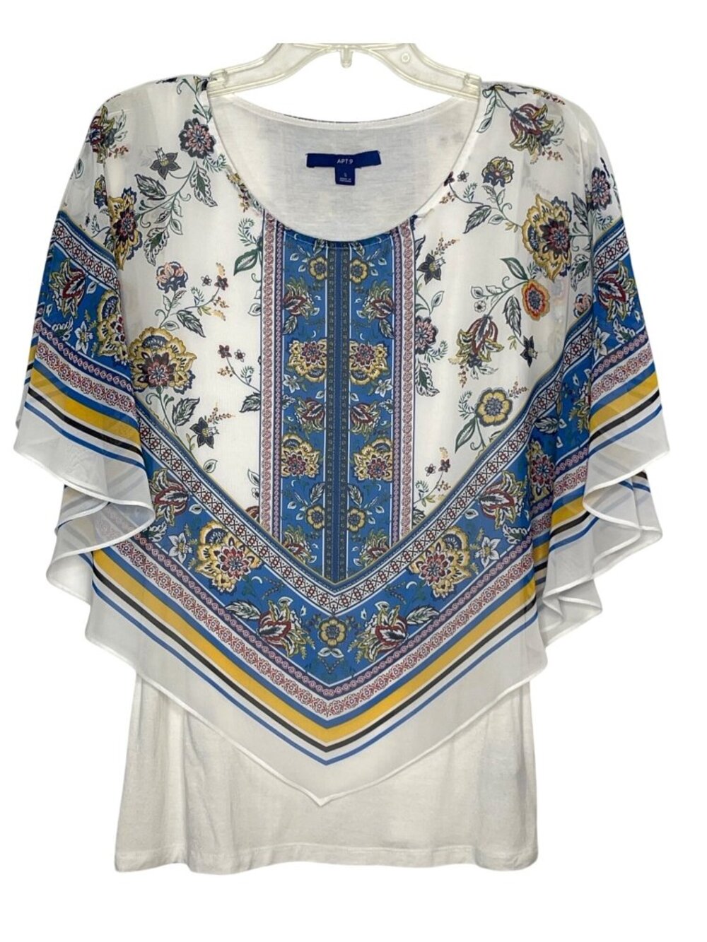 APT. 9 Women's Size S Layered Scarf Top Sleeveless Floral Print White & Blue